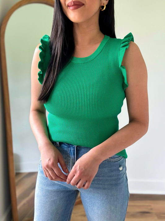 Ruffle Knit Top-Green