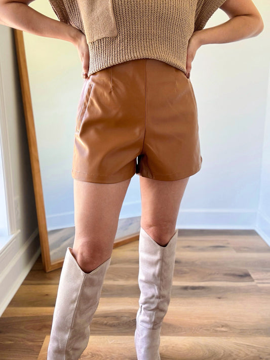 Camel Faux Leather Shorts