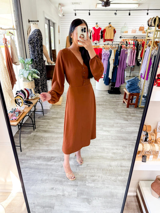 Camel Buttoned Midi Dress