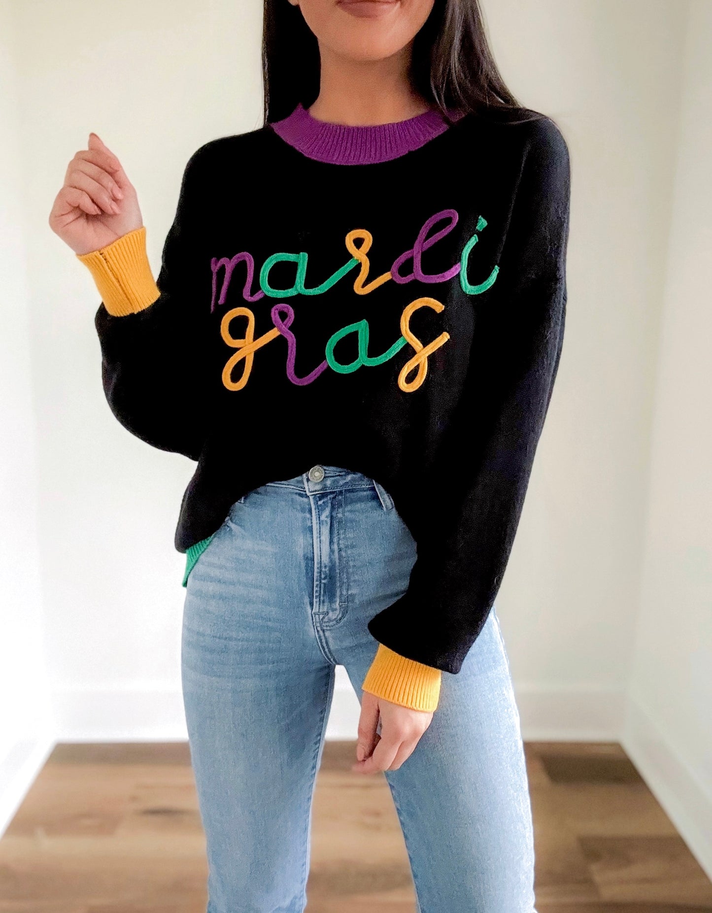 Embroidered Mardi Gras Sweater- Black