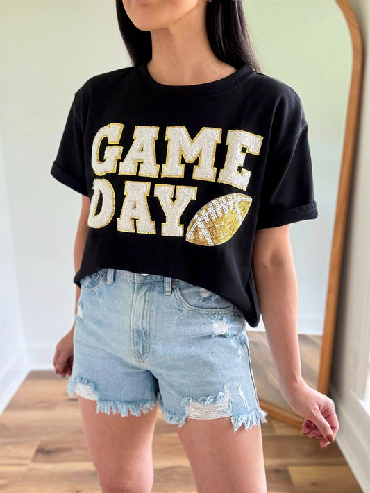 Game Day Football Patch Top- Black