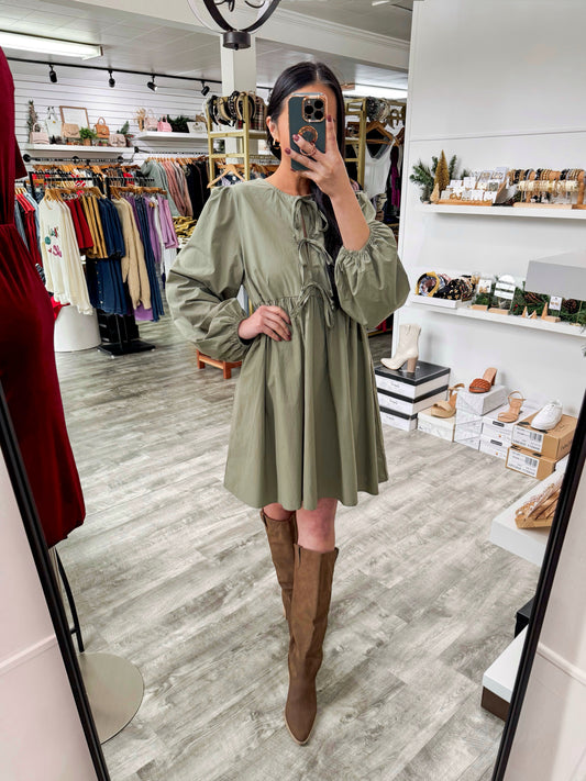 Bow Poplin Dress-Olive