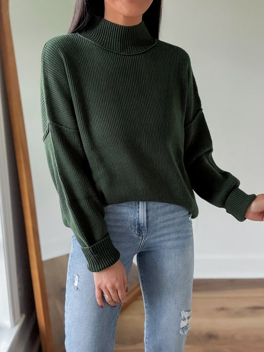 Mock Ribbed Sweater-Hunter Green