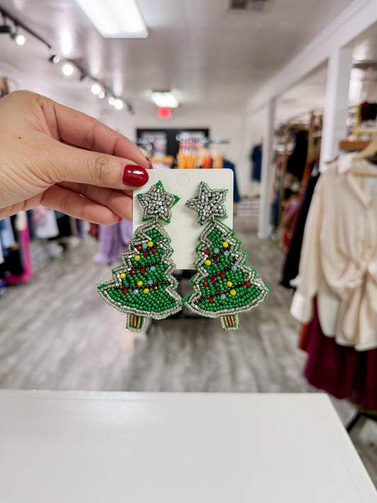 Seed Beaded Christmas Tree W/ Star Earrings