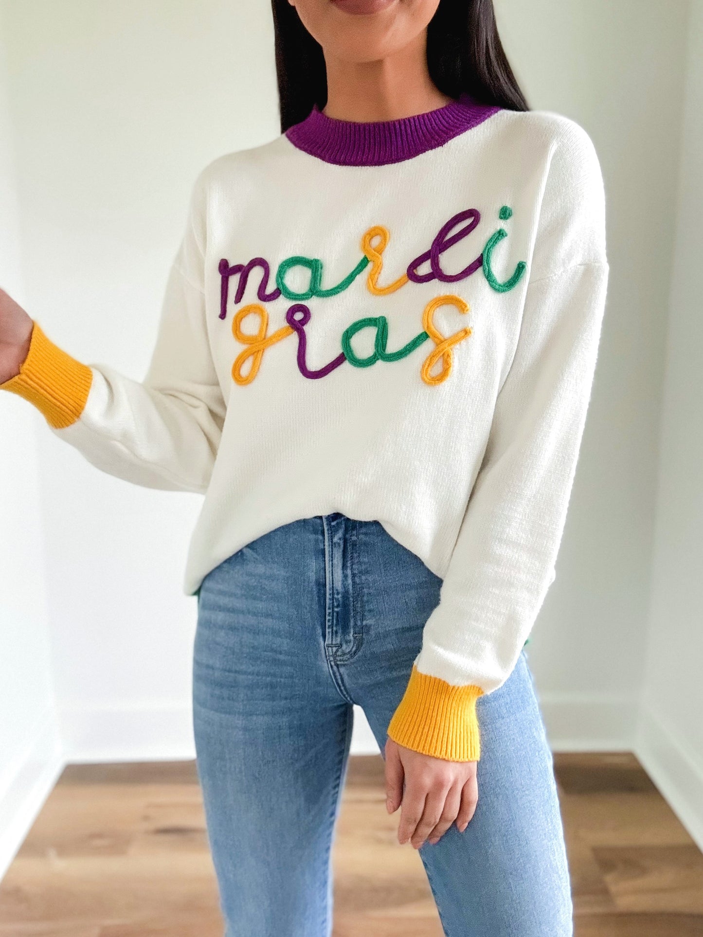 Embroidered Mardi Gras Sweater- White