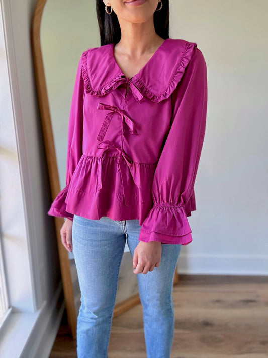 Magenta Bow Collared Blouse